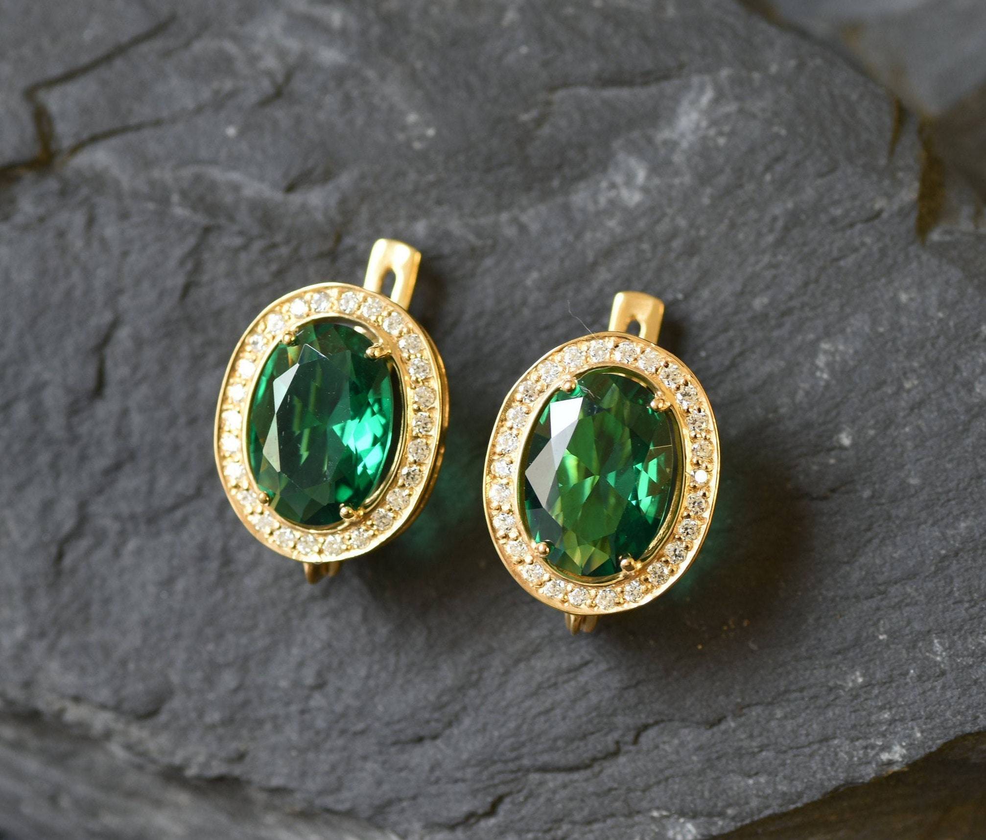 Victorian Emerald Earrings - Emerald Statement Studs - Halo Emerald Earrings