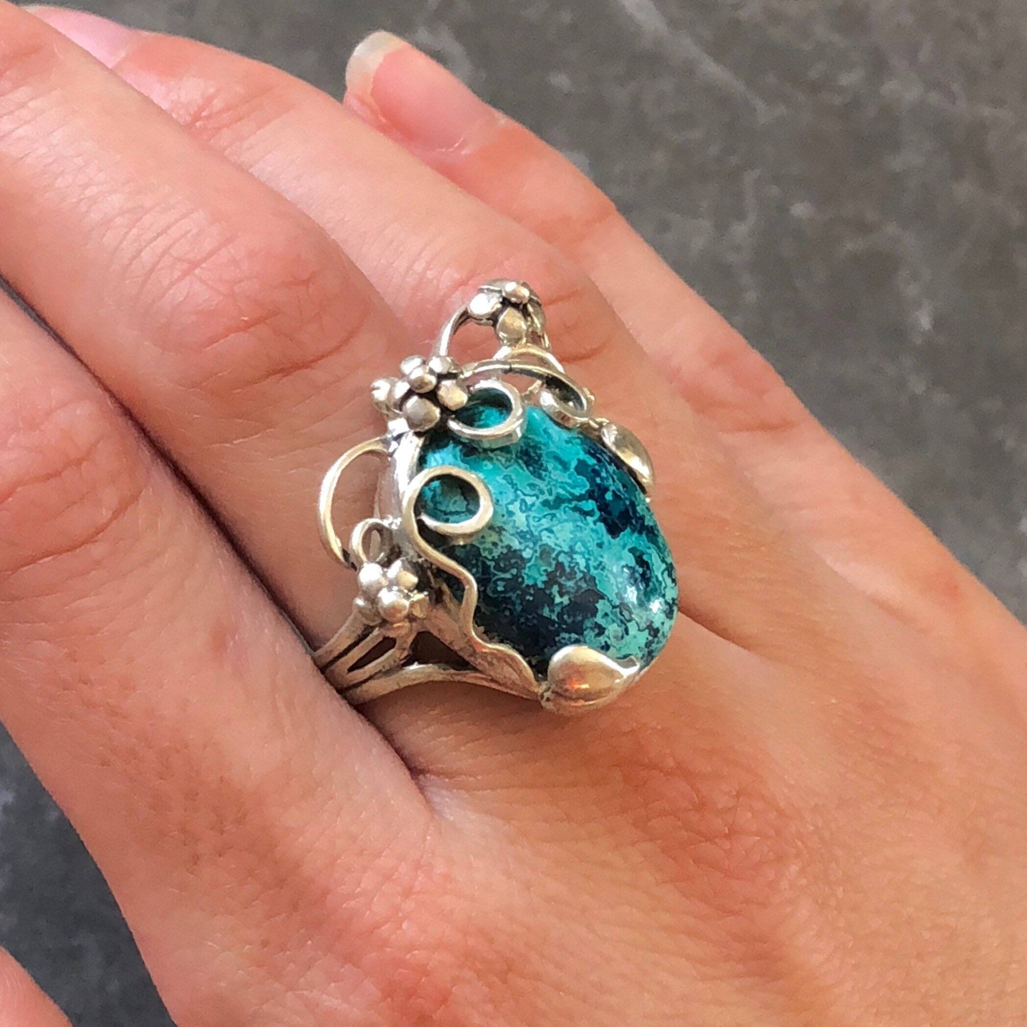 Blue Flower Ring, Chrysocolla Ring, Statement Ring, Vintage Blue Rings, Sagittarius Birthstone, Large Stone Ring, Silver Ring, Chrysocolla