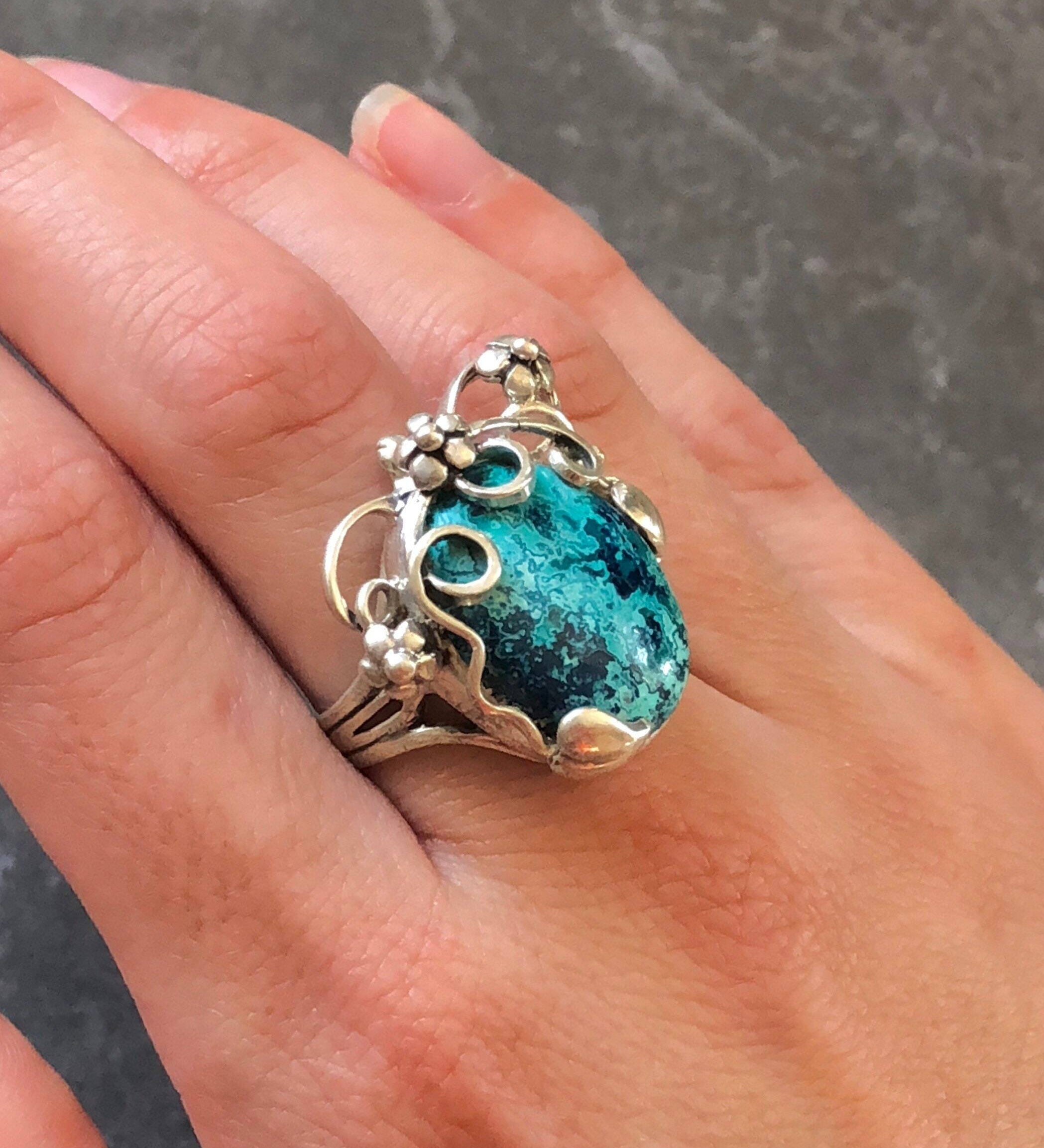 Blue Flower Ring, Chrysocolla Ring, Statement Ring, Vintage Blue Rings, Sagittarius Birthstone, Large Stone Ring, Silver Ring, Chrysocolla