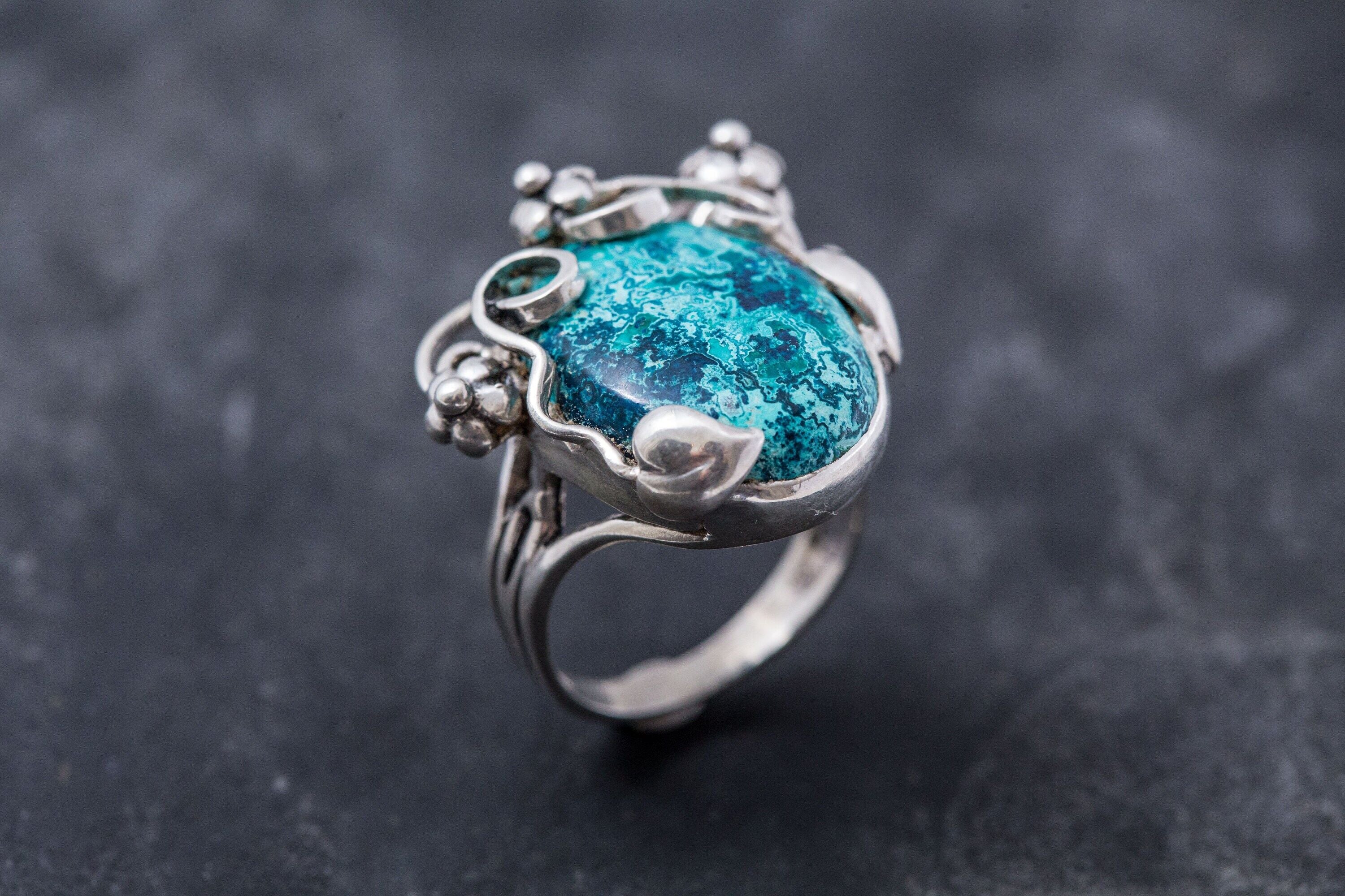 Blue Flower Ring, Chrysocolla Ring, Statement Ring, Vintage Blue Rings, Sagittarius Birthstone, Large Stone Ring, Silver Ring, Chrysocolla
