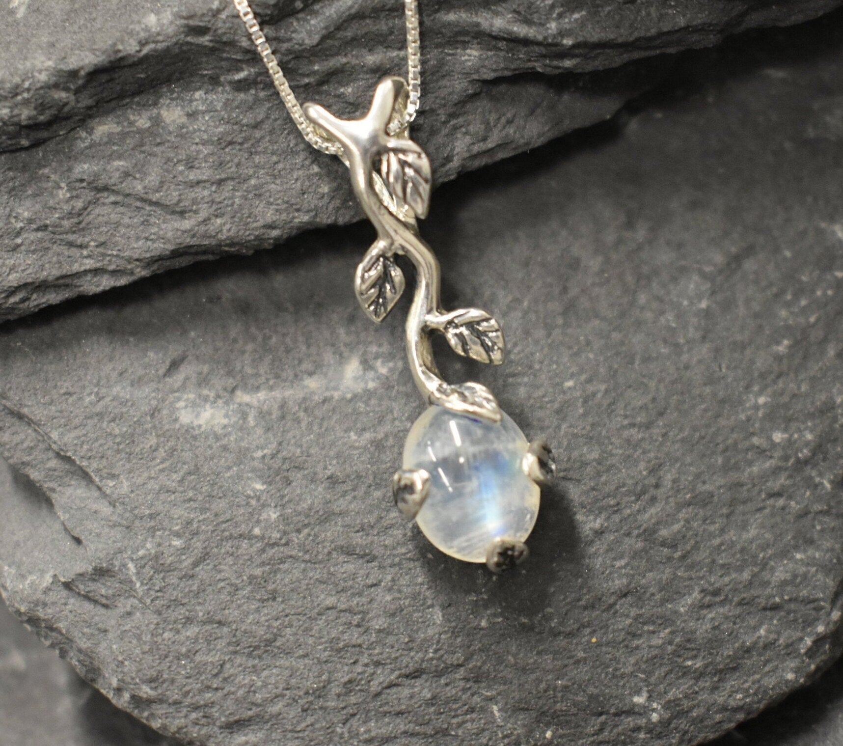 Moonstone Pendant, Natural Moonstone, June Birthstone, Silver Leaf Pendant, Vintage Leaf Pendant, Silver Floral Pendant, 925 Silver Pendant(3)