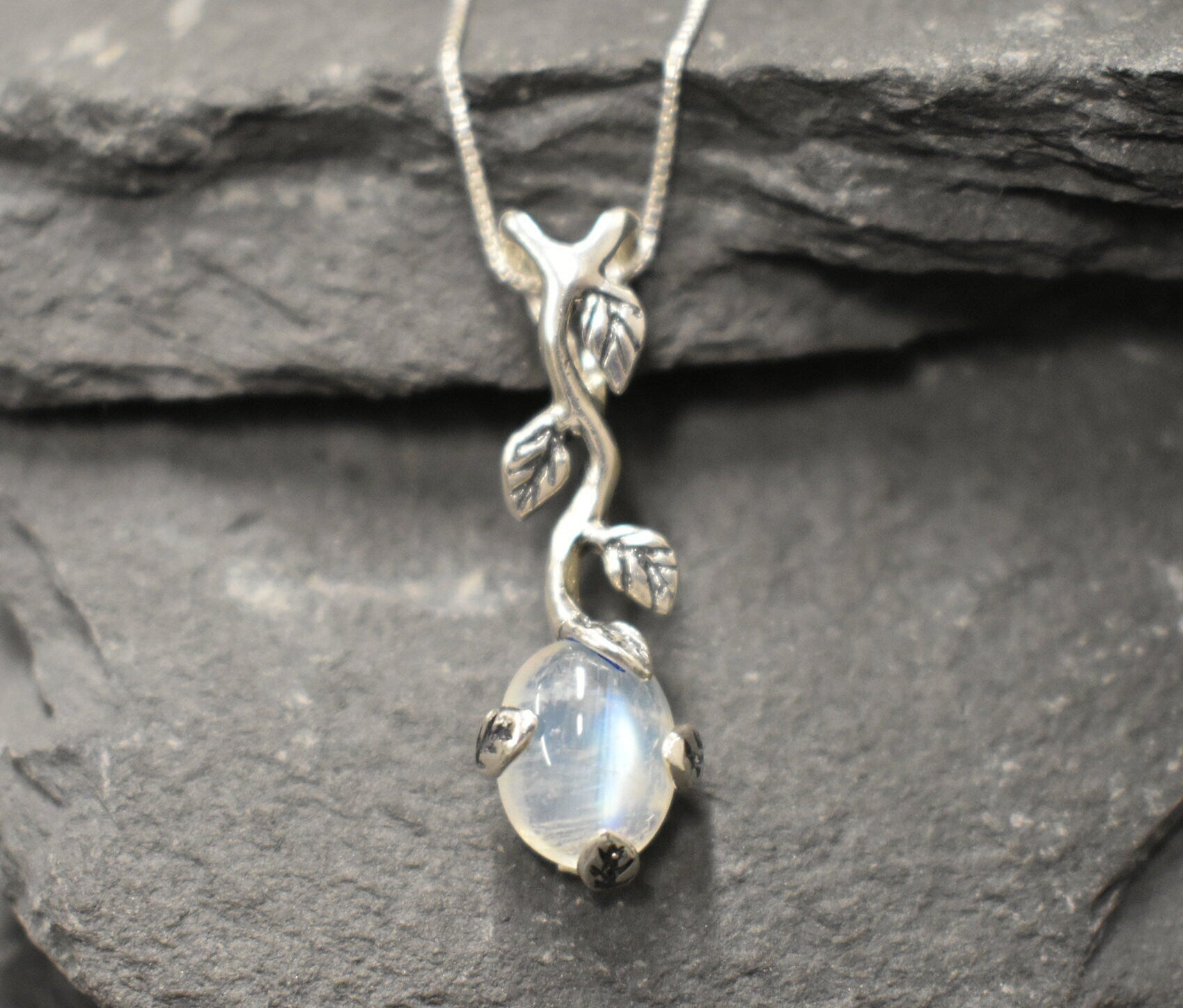 Moonstone Pendant, Natural Moonstone, June Birthstone, Silver Leaf Pendant, Vintage Leaf Pendant, Silver Floral Pendant, 925 Silver Pendant(3)