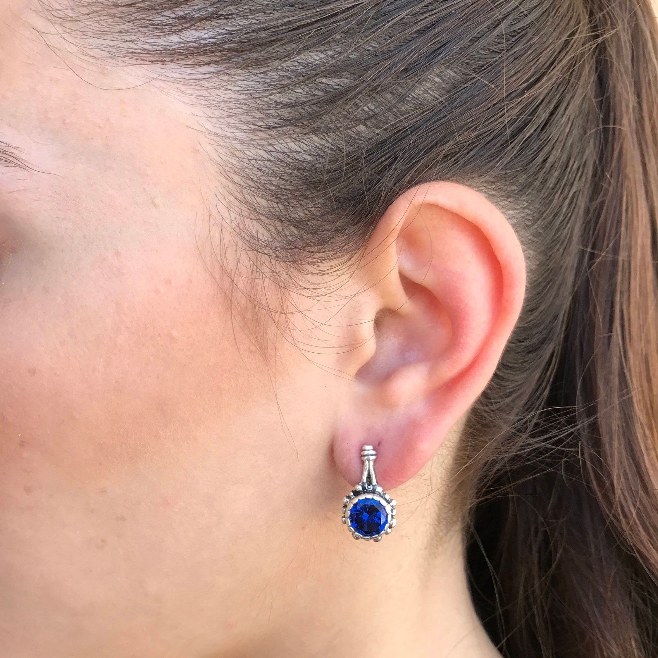 Created Sapphire Earrings in 925 Sterling Silver; round blue sapphires in prong setting, perfect September birthday gift.