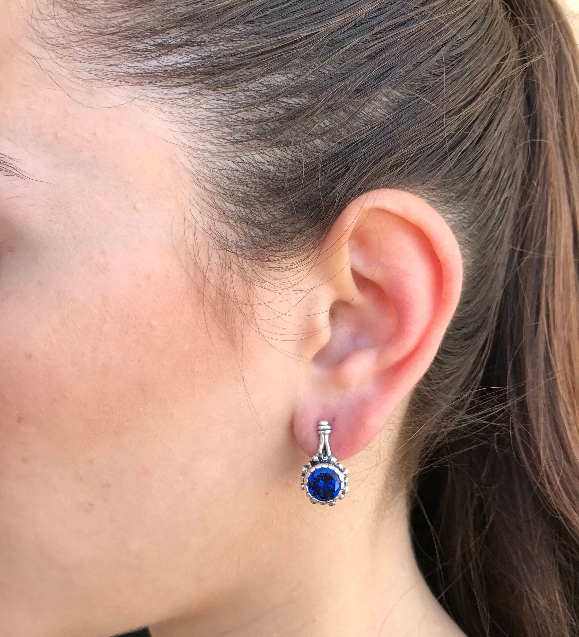 Created Sapphire Earrings in 925 Sterling Silver; round blue sapphires in prong setting, perfect September birthday gift.