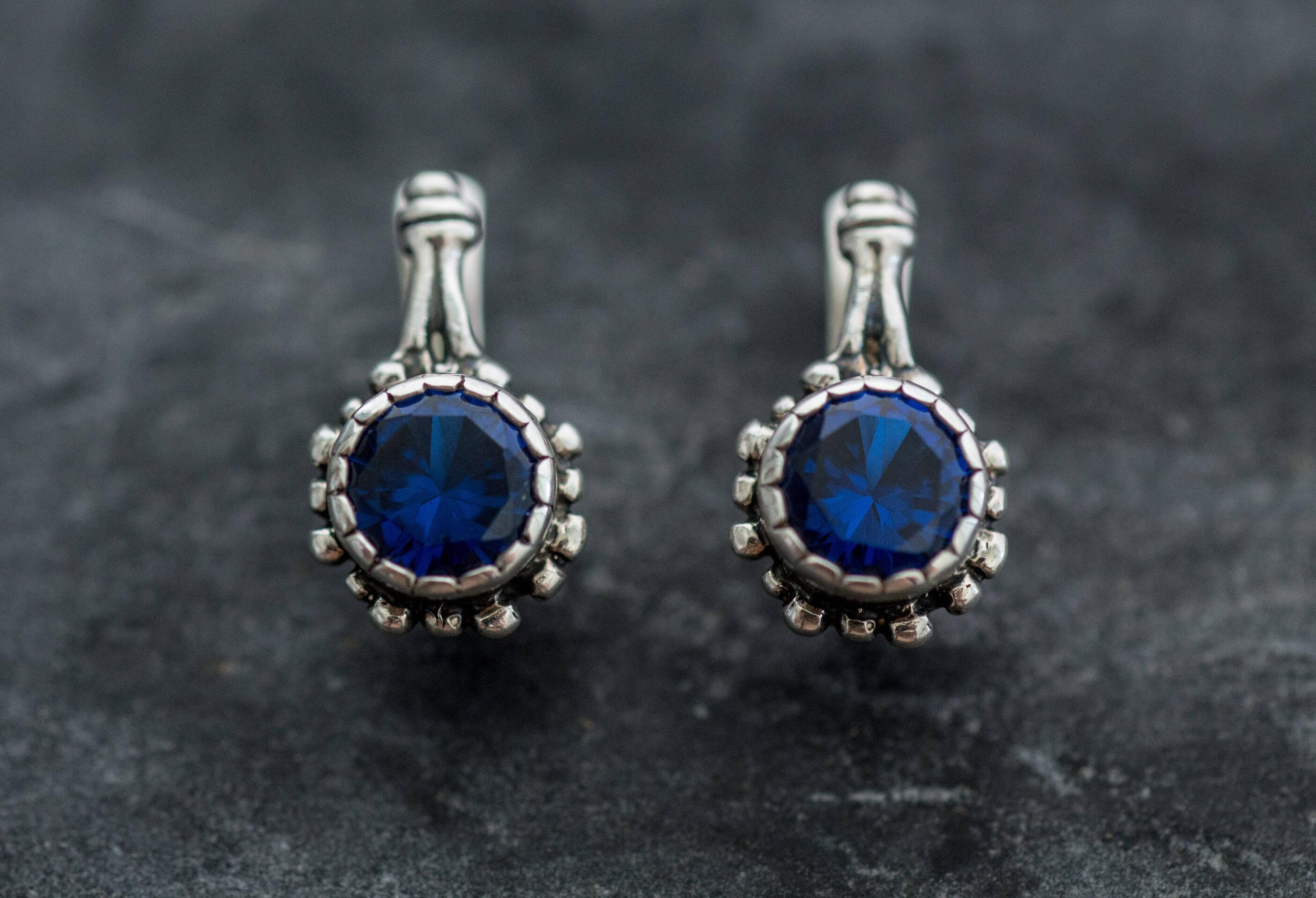 Created Sapphire Earrings made in 925 Sterling Silver with Round Created Blue Sapphire in Prong setting, September Birthstone gift idea, symbolizes sincerity, truth, and faithfulness, ideal for everyday wear and perfect for birthday gifting and special occasions.