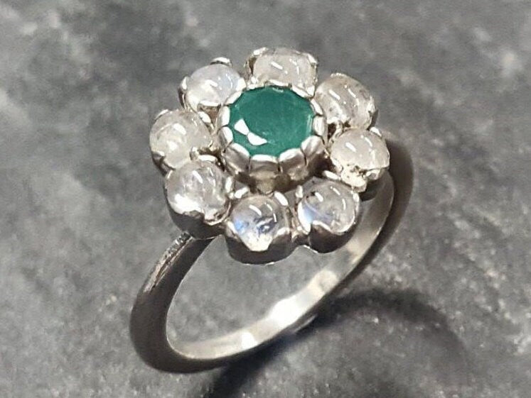 Natural Emerald Ring made in 925 Sterling Silver with Round Natural Green Emerald in Cluster setting, May Birthstone gift idea, symbolizes growth, harmony, and deep emotional healing, ideal for everyday wear and perfect for birthday gifting and special occasions.