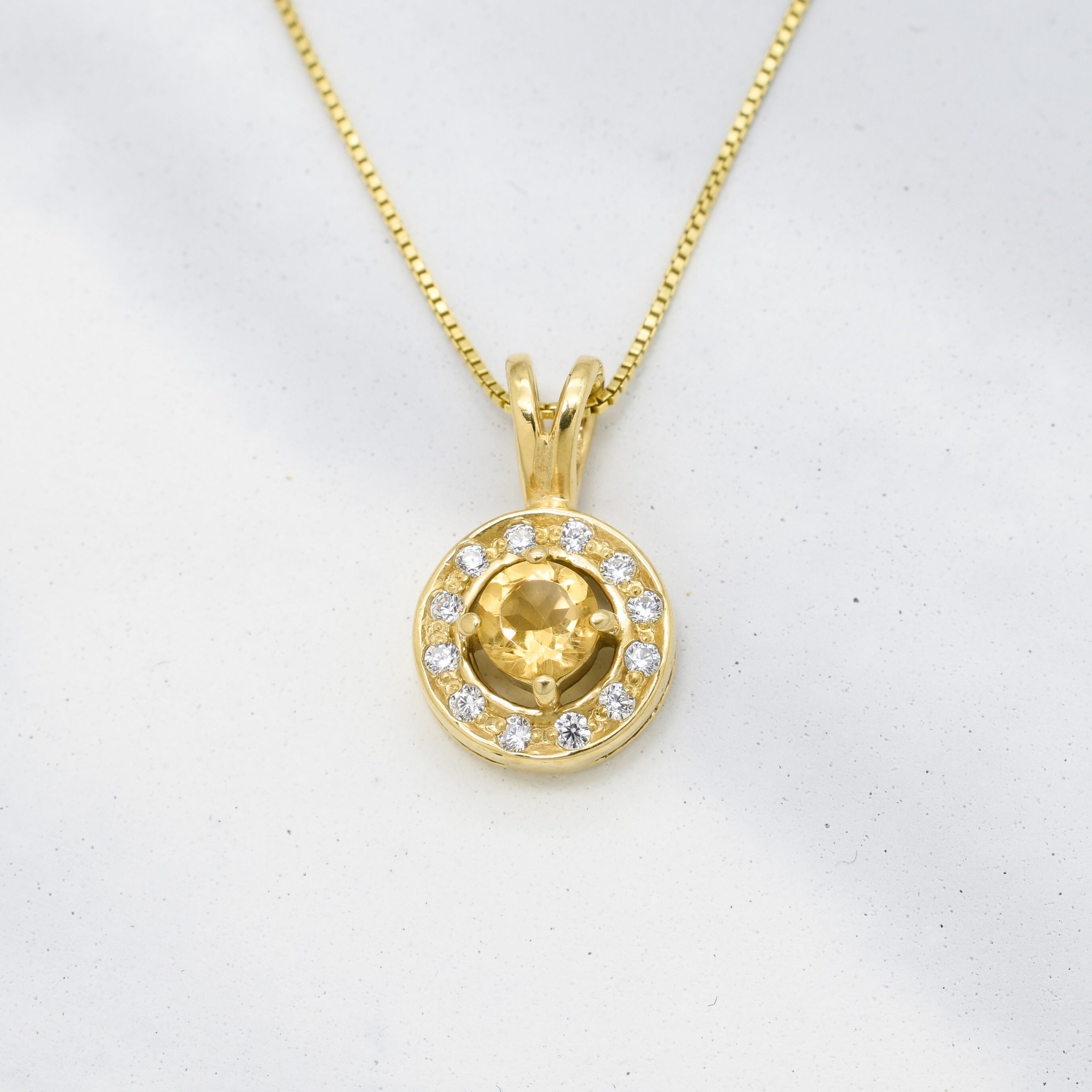 Natural Citrine Pendant made in 18k Gold Vermeil with Natural Yellow Citrine in Halo setting, November Birthstone gift idea, symbolizes joy, abundance, and personal power, ideal for everyday wear and perfect for birthday gifting and special occasions.
