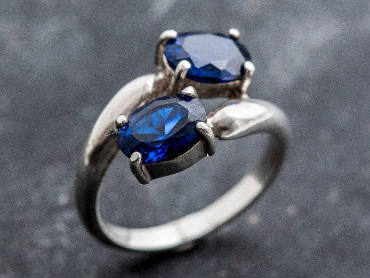 Created Sapphire Ring made in 925 Sterling Silver with Baguette Created Blue Sapphire in Two-Stone setting, September Birthstone gift idea, symbolizes sincerity, truth, and faithfulness, ideal for everyday wear and perfect for birthday gifting and special occasions.