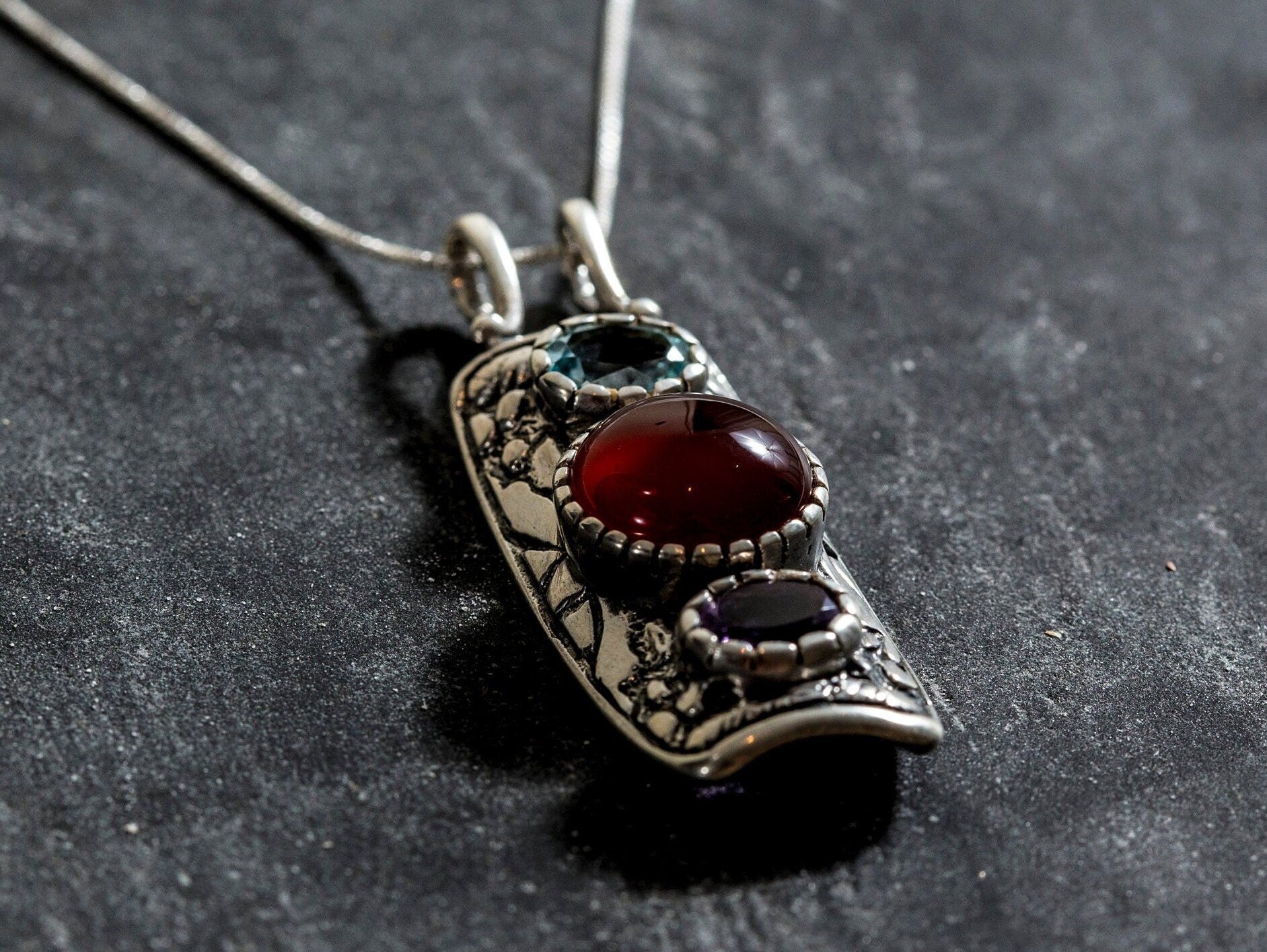 Red Agate Pendant, Natural Red Agate, Tribal Pendant, Natural Blue Topaz, Natural Amethyst, August Pendant, Solid Silver Pendant, Carnelian