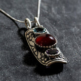 Red Agate Pendant, Natural Red Agate, Tribal Pendant, Natural Blue Topaz, Natural Amethyst, August Pendant, Solid Silver Pendant, Carnelian