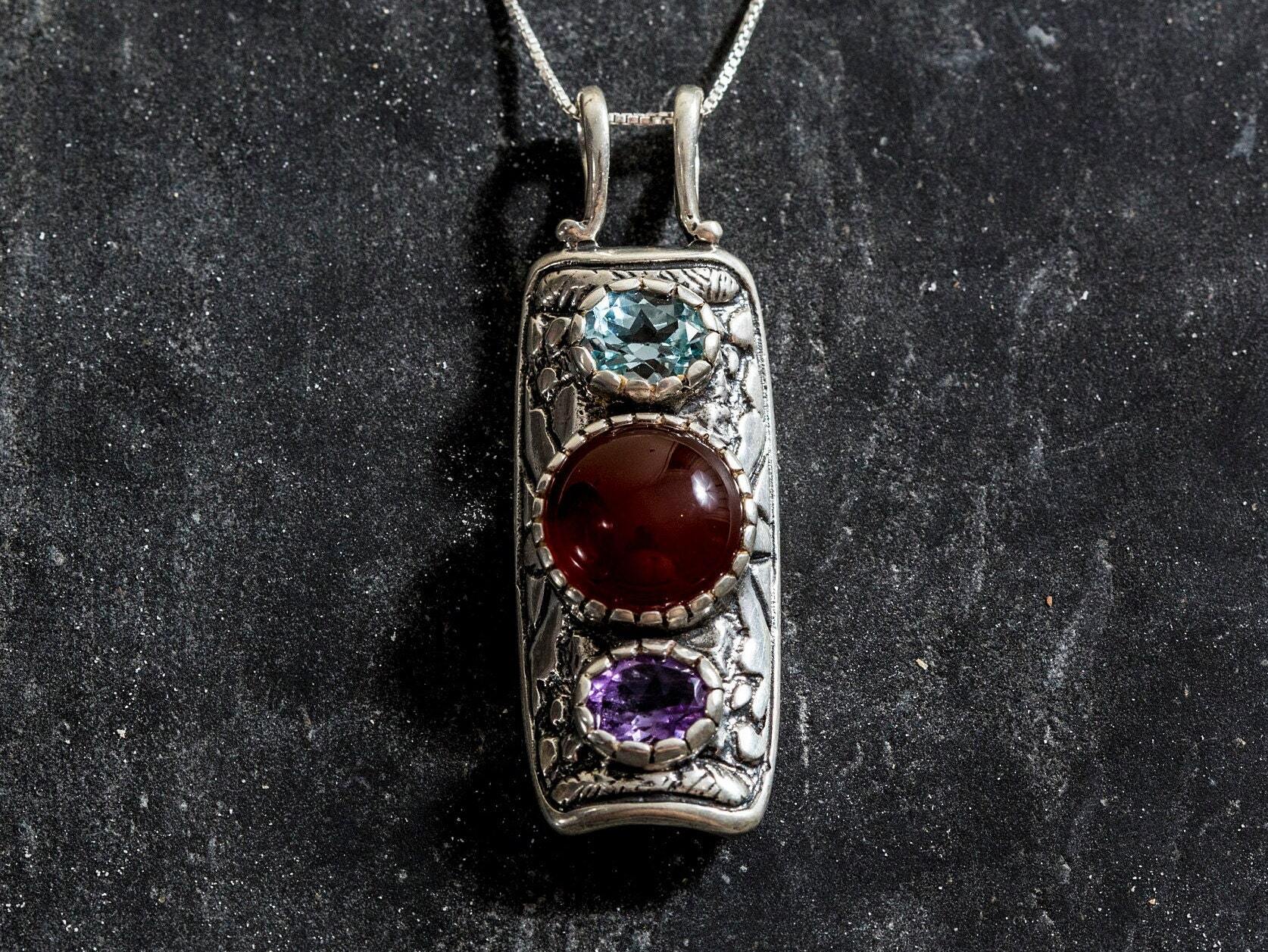 Red Agate Pendant, Natural Red Agate, Tribal Pendant, Natural Blue Topaz, Natural Amethyst, August Pendant, Solid Silver Pendant, Carnelian