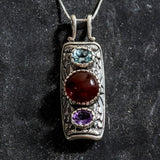 Red Agate Pendant, Natural Red Agate, Tribal Pendant, Natural Blue Topaz, Natural Amethyst, August Pendant, Solid Silver Pendant, Carnelian