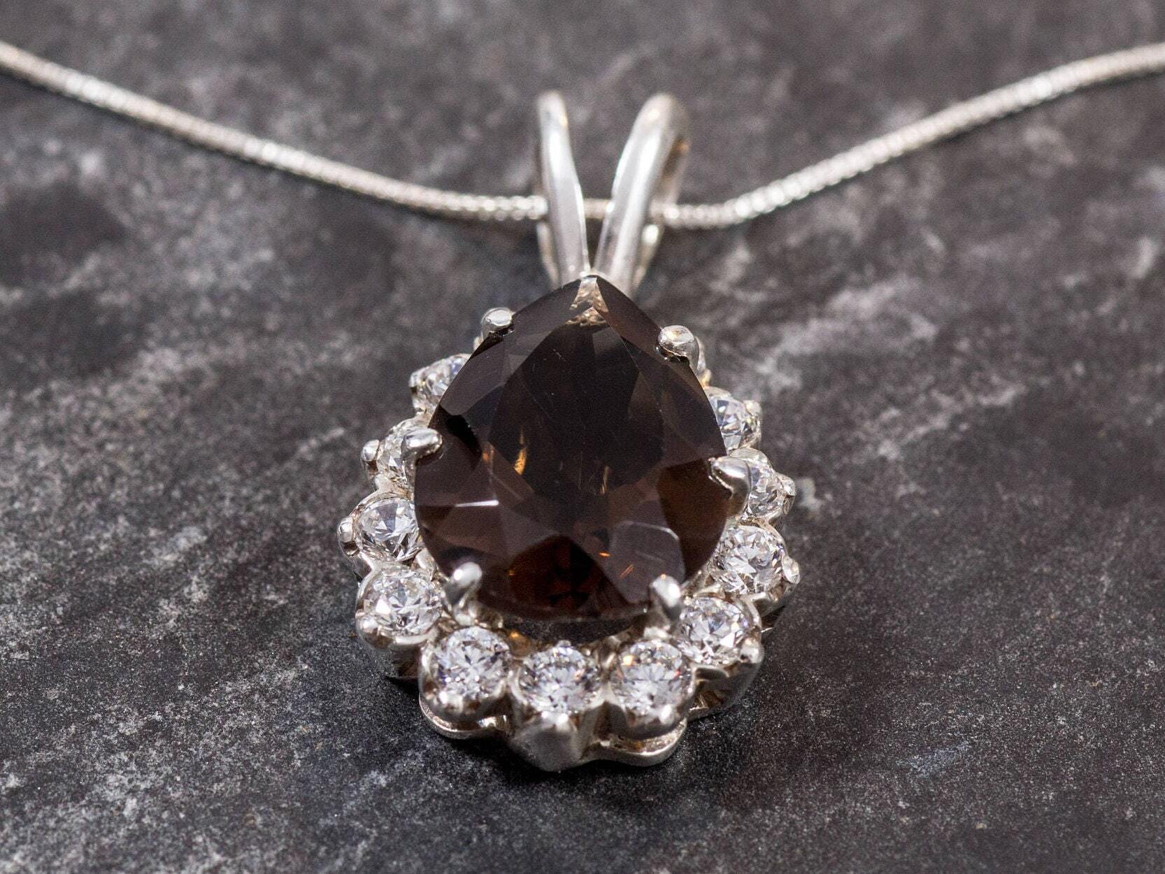 Smoky Topaz Pendant, Natural Topaz, Tear Drop Pendant, Vintage Pendant, Healing Stones, Large Topaz, Diamond Cut, Silver Pendant, Tear Drop