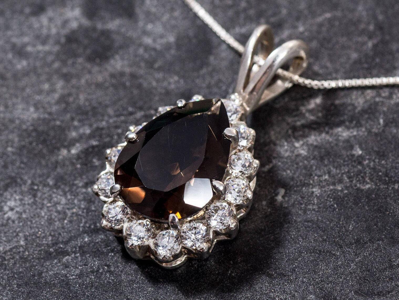 Smoky Topaz Pendant, Natural Topaz, Tear Drop Pendant, Vintage Pendant, Healing Stones, Large Topaz, Diamond Cut, Silver Pendant, Tear Drop