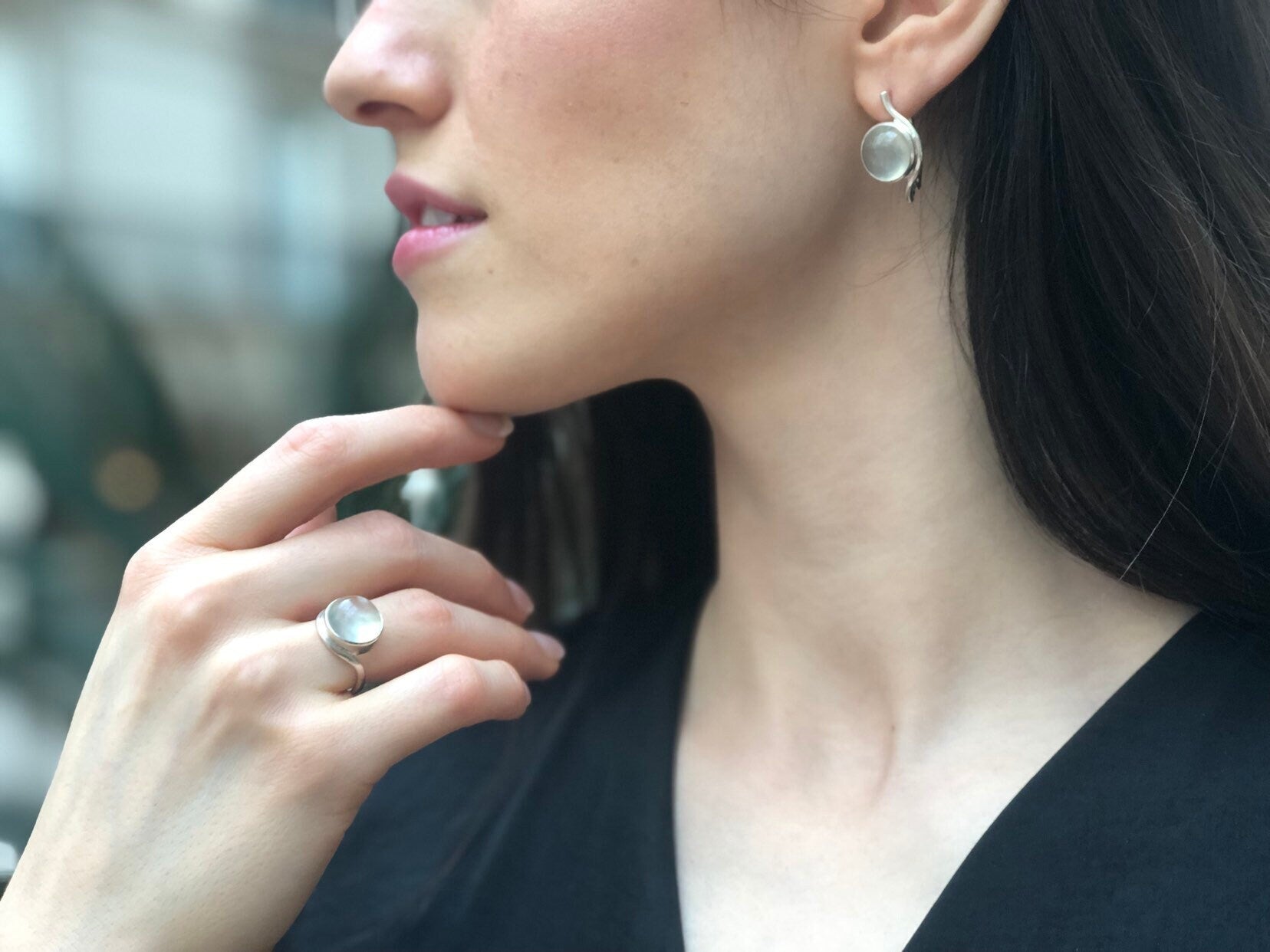 Prehnite Earrings, Natural Prehnite, Asymmetric Earrings, May Birthstone, Round Earrings, Green Eye Studs, Large Studs, 925 Silver Earrings