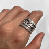 Diamond Statement Band - Filigree Silver Ring - Wide Diamond Ring