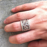 Diamond Statement Band - Filigree Silver Ring - Wide Diamond Ring