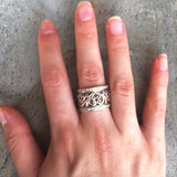 Diamond Statement Band - Filigree Silver Ring - Wide Diamond Ring