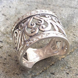 Diamond Statement Band - Filigree Silver Ring - Wide Diamond Ring