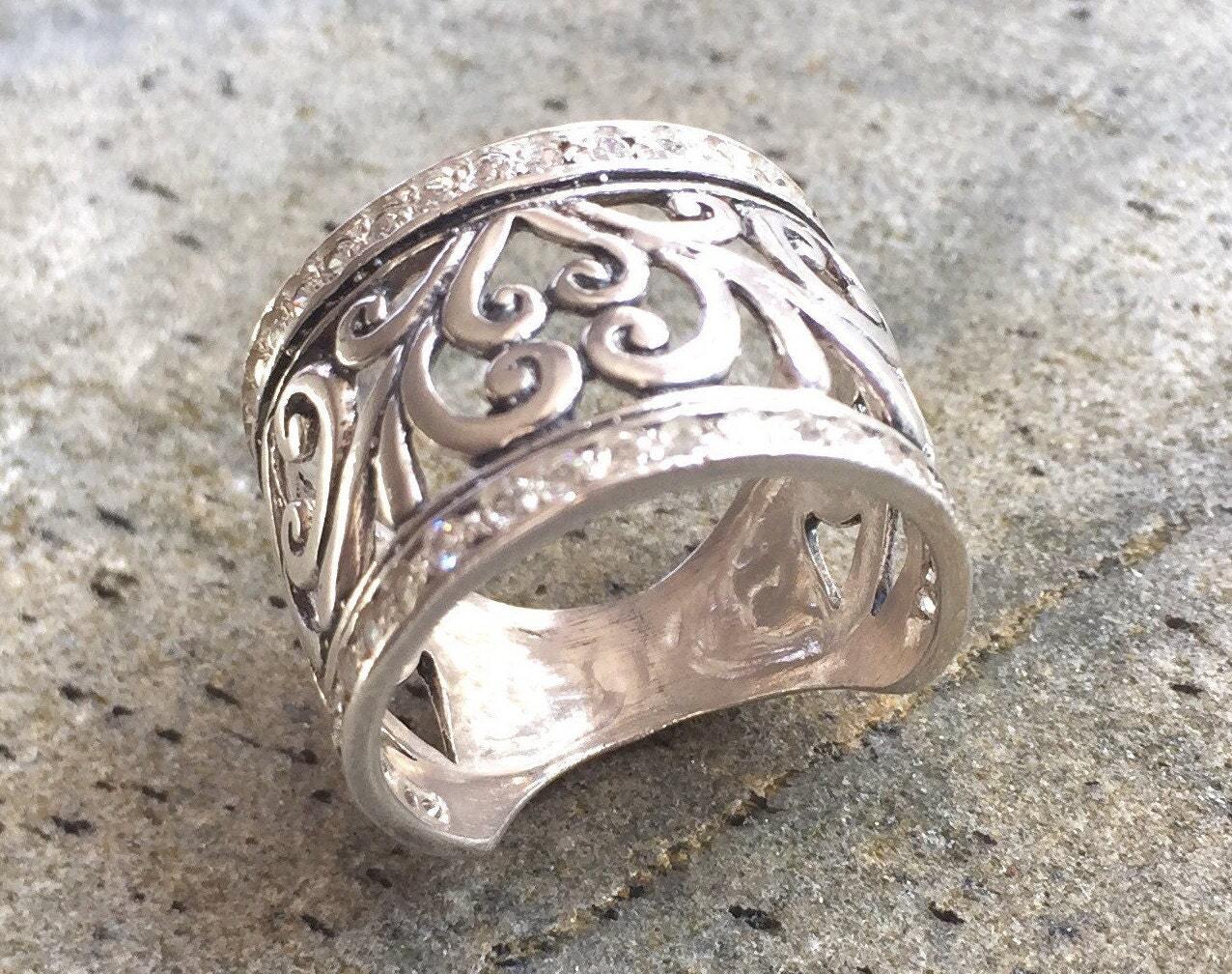 Leaf Ring, Solid Silver Ring, Bezel Ring, Wide Ring, Flower Ring, Silver Flower, CZ Diamonds, Pure Silver, Sterling Silver Ring, Thick Ring