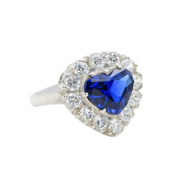 Created Sapphire Ring made in 925 Sterling Silver with Heart Created Blue Sapphire in Halo setting, September Birthstone gift idea, symbolizes sincerity, truth, and faithfulness, ideal for everyday wear and perfect for birthday gifting and special occasions.