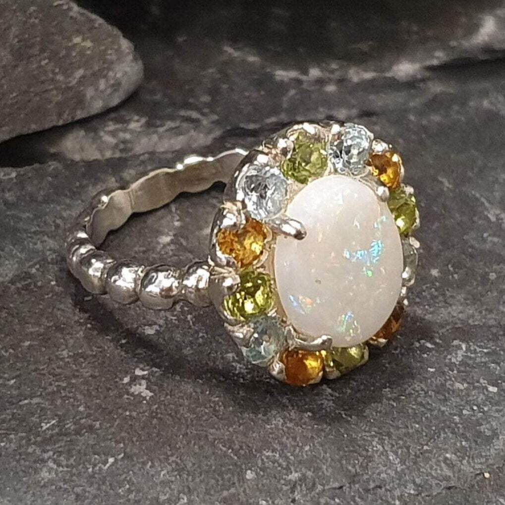 Opal Ring, Australian Opal Ring, Topaz Ring, Victorian Ring, Natural Opal Ring, October Ring, Real Opal Ring, Silver Ring, Vintage Opal Ring