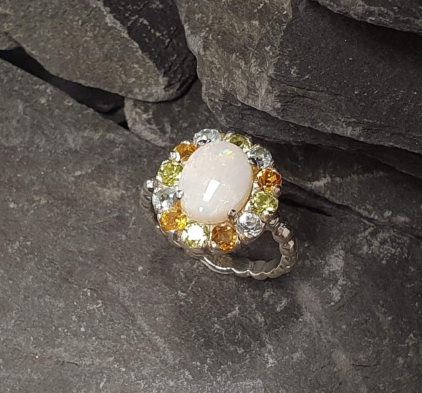 Opal Ring, Australian Opal Ring, Topaz Ring, Victorian Ring, Natural Opal Ring, October Ring, Real Opal Ring, Silver Ring, Vintage Opal Ring