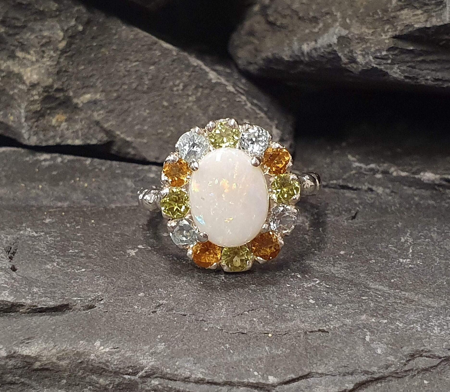 Opal Ring, Australian Opal Ring, Topaz Ring, Victorian Ring, Natural Opal Ring, October Ring, Real Opal Ring, Silver Ring, Vintage Opal Ring
