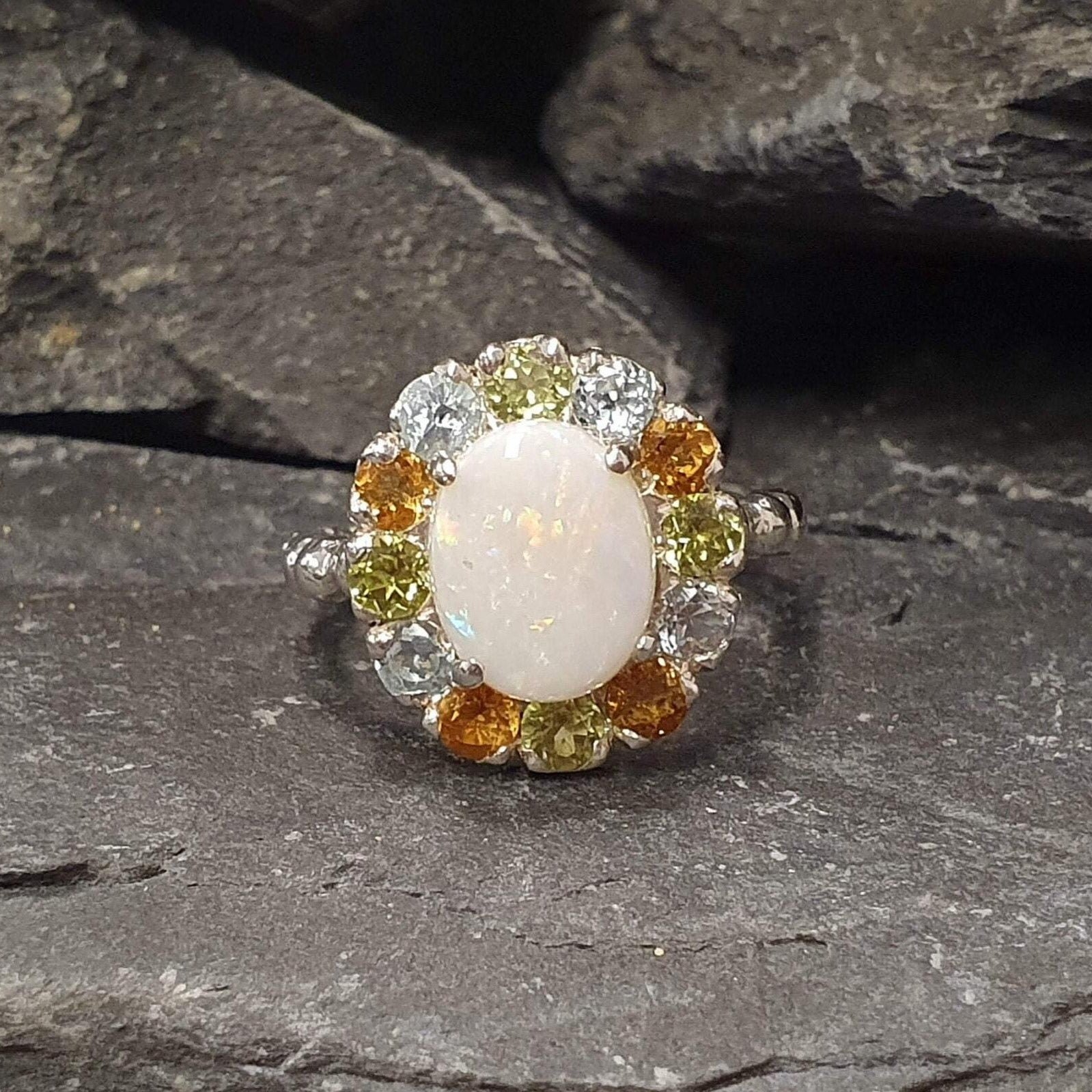 Opal Ring, Australian Opal Ring, Topaz Ring, Victorian Ring, Natural Opal Ring, October Ring, Real Opal Ring, Silver Ring, Vintage Opal Ring