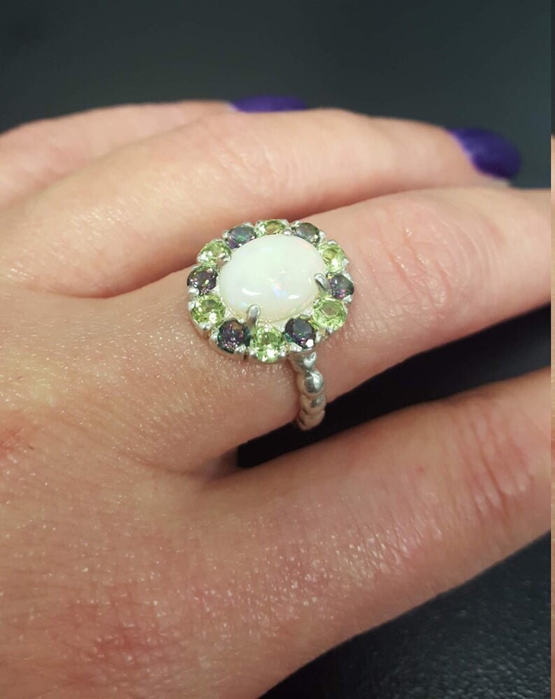 Opal Ring, Australian Opal Ring, Topaz Ring, Victorian Ring, Natural Opal Ring, October Ring, Real Opal Ring, Silver Ring, Vintage Opal Ring