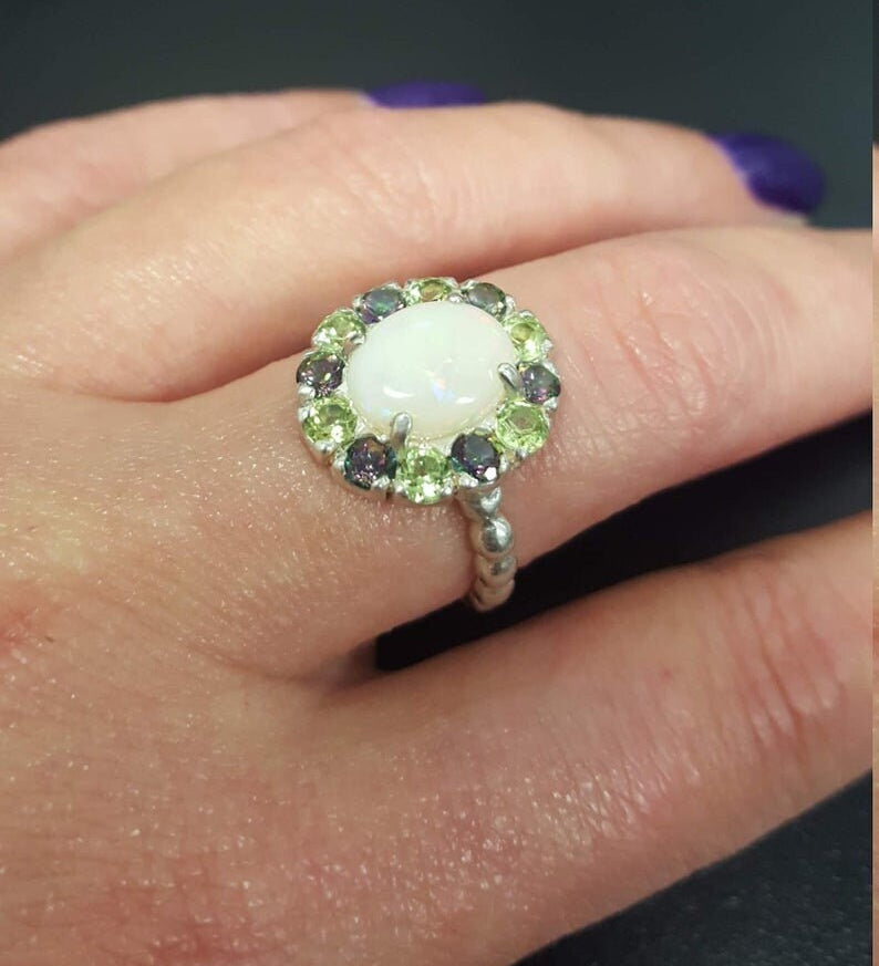 Opal Ring, Australian Opal Ring, Topaz Ring, Victorian Ring, Natural Opal Ring, October Ring, Real Opal Ring, Silver Ring, Vintage Opal Ring