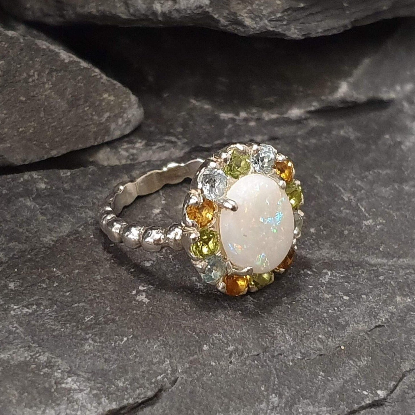 Opal Ring, Australian Opal Ring, Topaz Ring, Victorian Ring, Natural Opal Ring, October Ring, Real Opal Ring, Silver Ring, Vintage Opal Ring