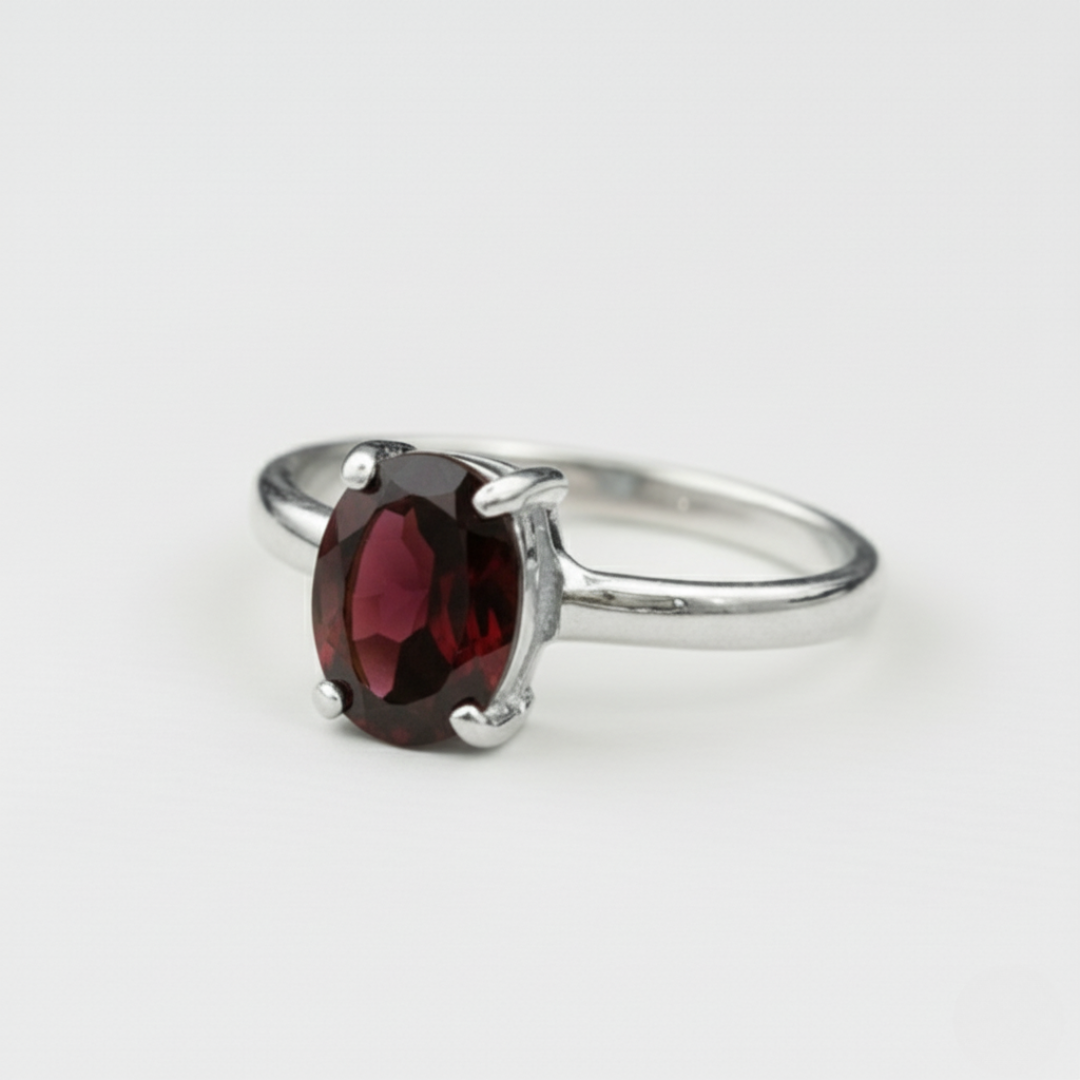 Stylish 925 Sterling Silver ring with a vibrant prong-set Natural Red Garnet, ideal for love, passion, and commitment gifts.