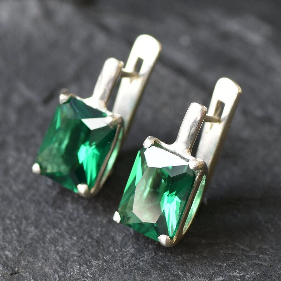 Emerald Earrings, Created Emerald, Radiant Studs, Green Square Earrings, 6 Carat Studs, Antique Earrings, Vintage Earrings, Solid Silver