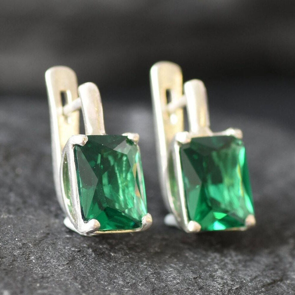 Emerald Earrings, Created Emerald, Radiant Studs, Green Square Earrings, 6 Carat Studs, Antique Earrings, Vintage Earrings, Solid Silver