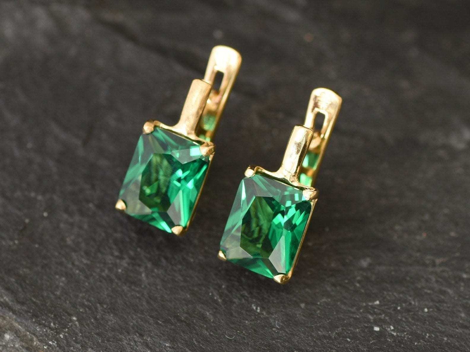 Elegant 18k Gold Vermeil Emerald Earrings in Prong Setting, a stunning May birthstone gift for everyday and special occasions.