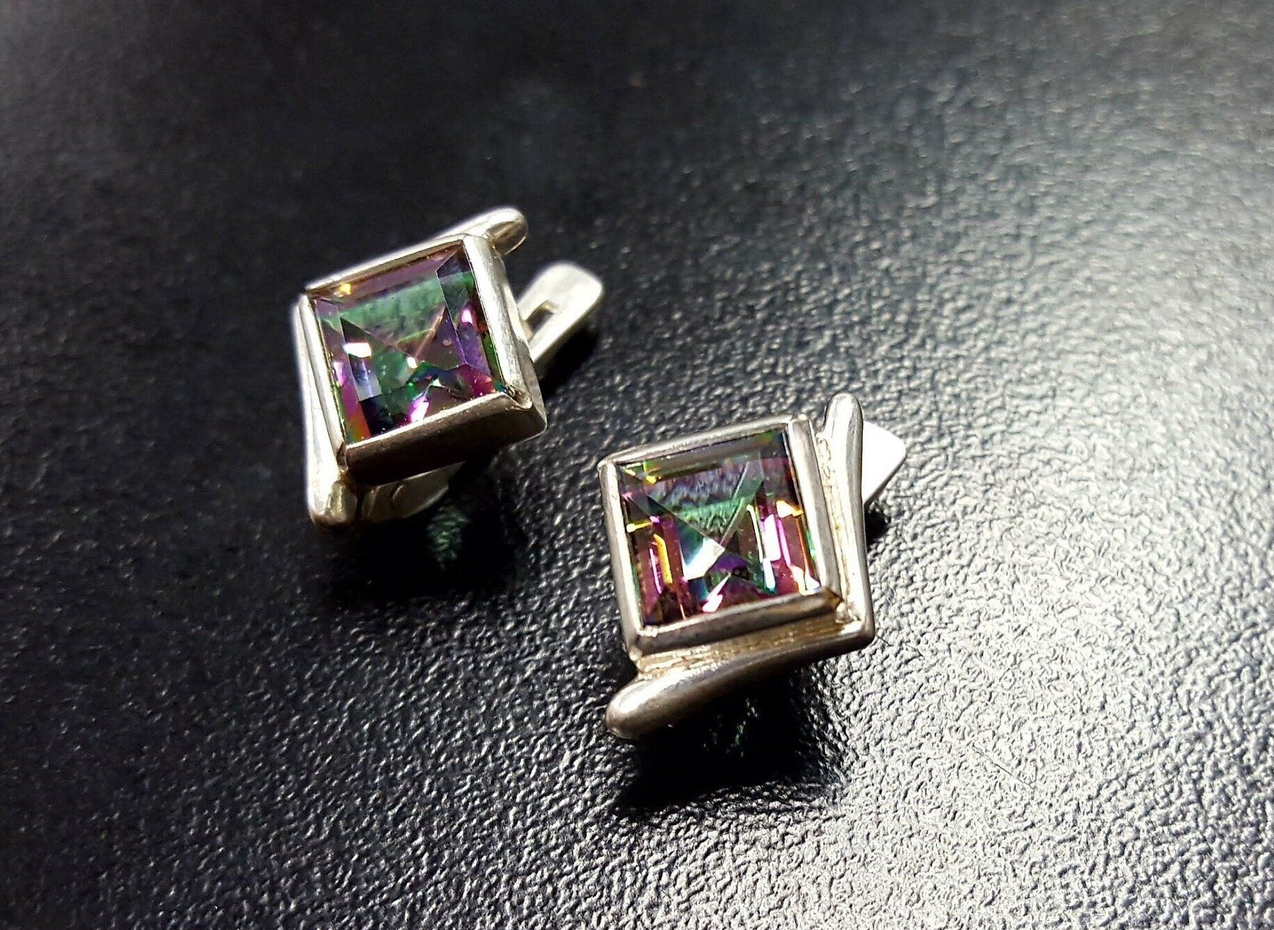 Mystic Topaz Earrings, Natural Mystic Topaz, Square Earrings, Asymmetric Earrings, Rainbow Earrings, Sparkly Earrings, 925 Silver Earrings