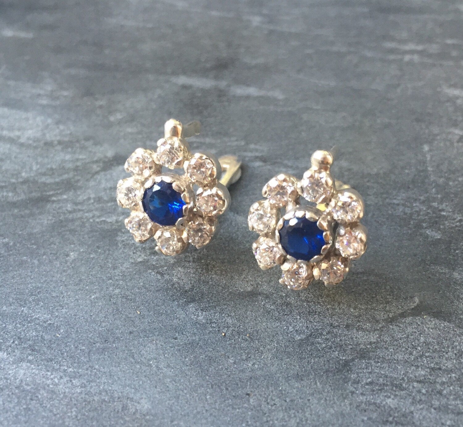 Created Sapphire Earrings made in 925 Sterling Silver with Round Created Blue Sapphire in Cluster setting, September Birthstone gift idea, symbolizes sincerity, truth, and faithfulness, ideal for everyday wear and perfect for birthday gifting and special occasions.