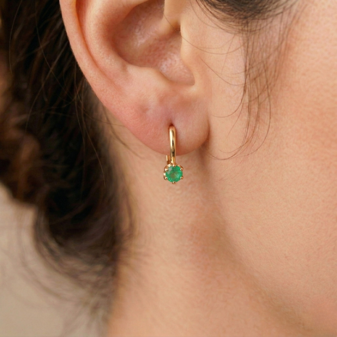 Elegant 18k Gold Vermeil Natural Emerald Earrings with round solitaire setting, perfect for May birthdays and special occasions.