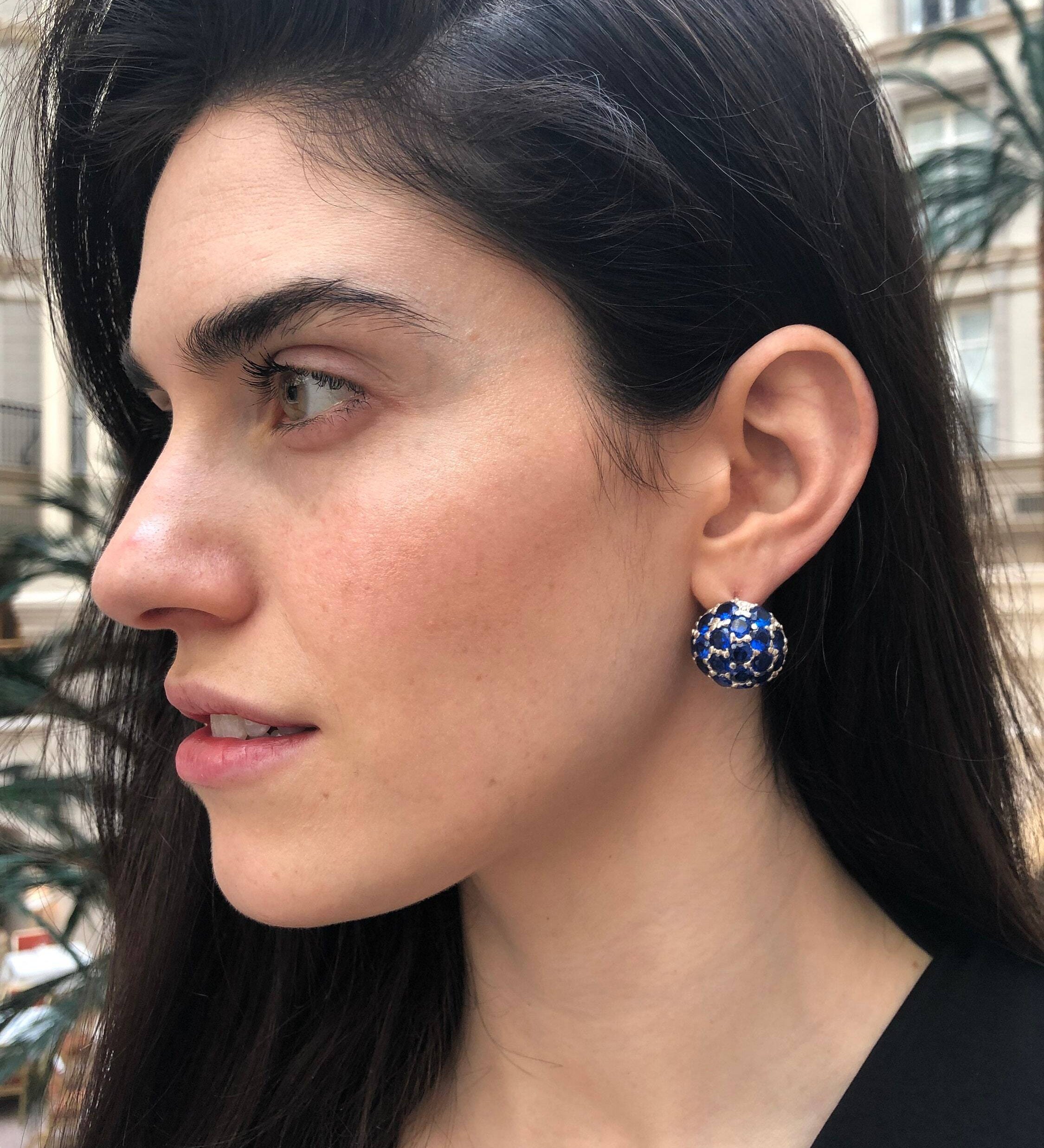Created Sapphire Earrings made in 925 Sterling Silver with Round Created Blue Sapphire in Cluster setting, September Birthstone gift idea, symbolizes sincerity, truth, and faithfulness, ideal for everyday wear and perfect for birthday gifting and special occasions.