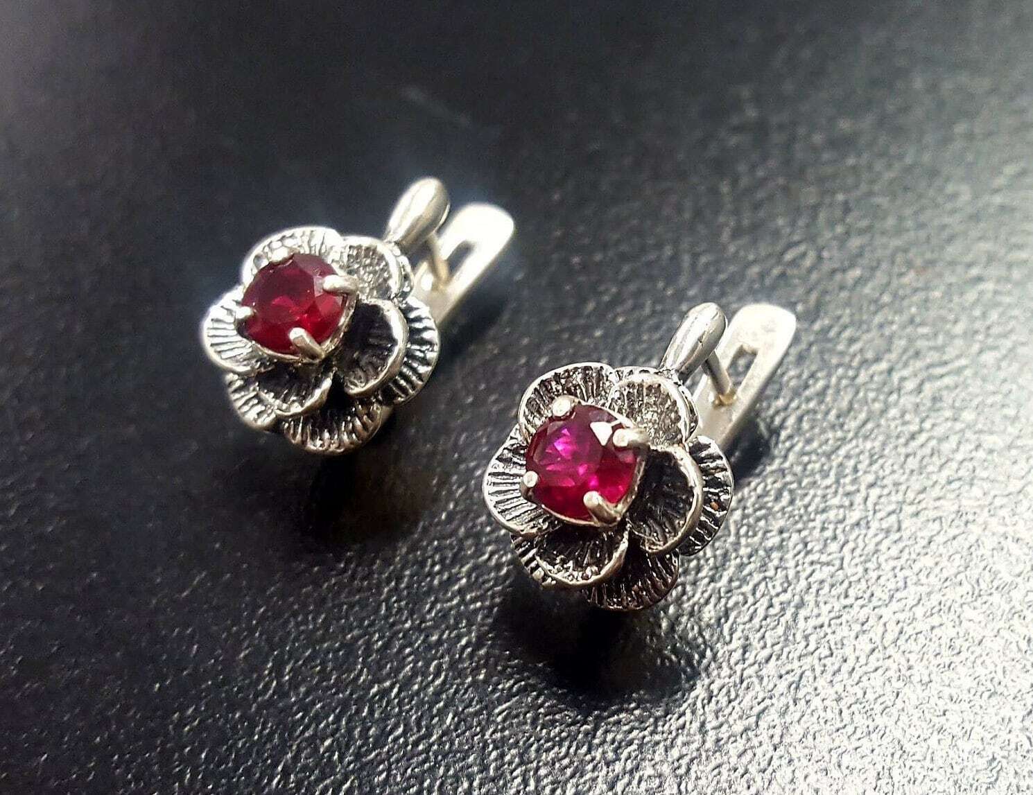 Created Ruby Earrings made in 925 Sterling Silver with Round Created Red Ruby in Prong setting, July Birthstone gift idea, symbolizes nobility, purity, and passion, ideal for everyday wear and perfect for birthday gifting and special occasions.