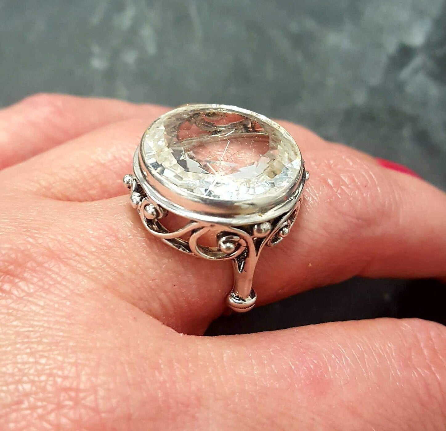 Large Topaz Ring, Vintage Rings, Natural Topaz, White Topaz Ring, December Birthstone, December Ring, Victorian Topaz, Solid Silver Ring