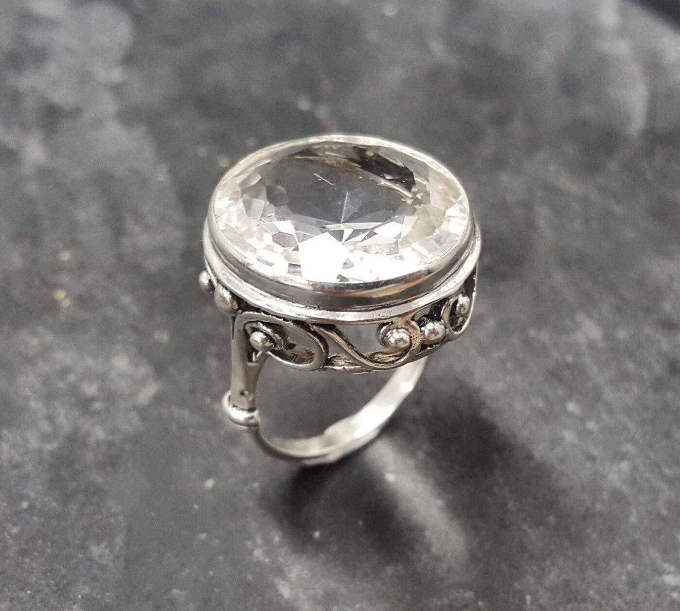 Large Topaz Ring, Vintage Rings, Natural Topaz, White Topaz Ring, December Birthstone, December Ring, Victorian Topaz, Solid Silver Ring