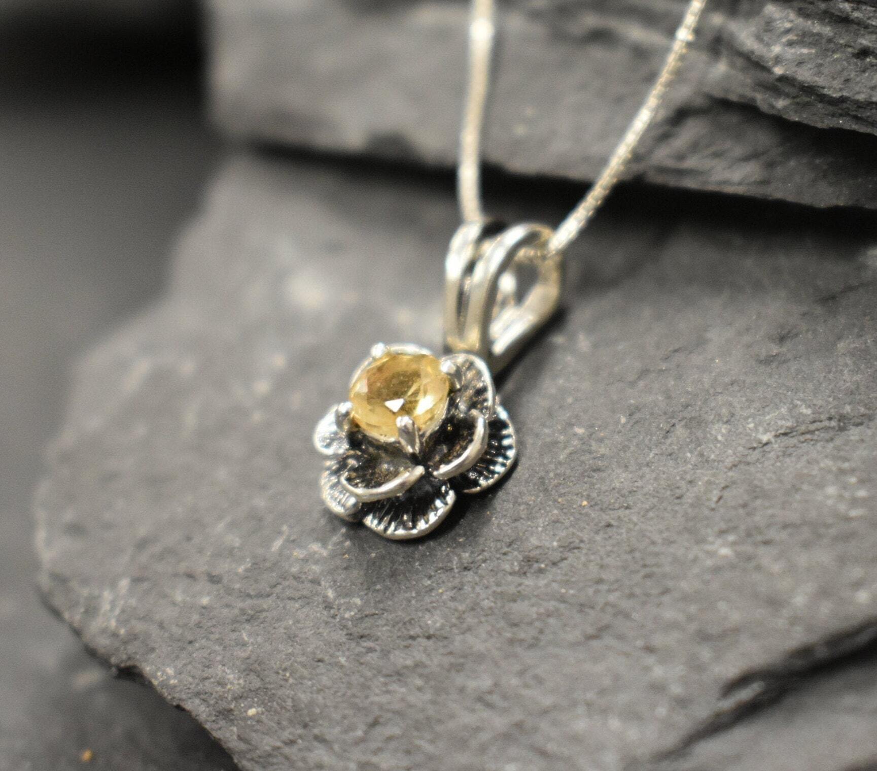 Yellow Flower Pendant, Citrine Pendant, Vintage Pendant, Yellow Rose Pendant, Dainty Rose Necklace, November Birthstone, 925 Silver Pendant