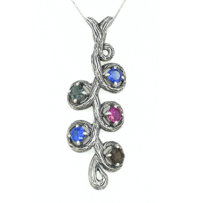 Flower Necklace, Colorful Pendant, Leaf Pendant, Vine Branch Pendant, Large Pendant, Solid Silver Pendant, Sterling Silver, Artisan Pendant