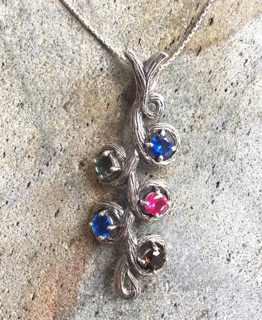 Flower Necklace, Colorful Pendant, Leaf Pendant, Vine Branch Pendant, Large Pendant, Solid Silver Pendant, Sterling Silver, Artisan Pendant