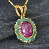 Gold Ruby Pendant - Natural Ruby Necklace, Ruby Flower Pendant