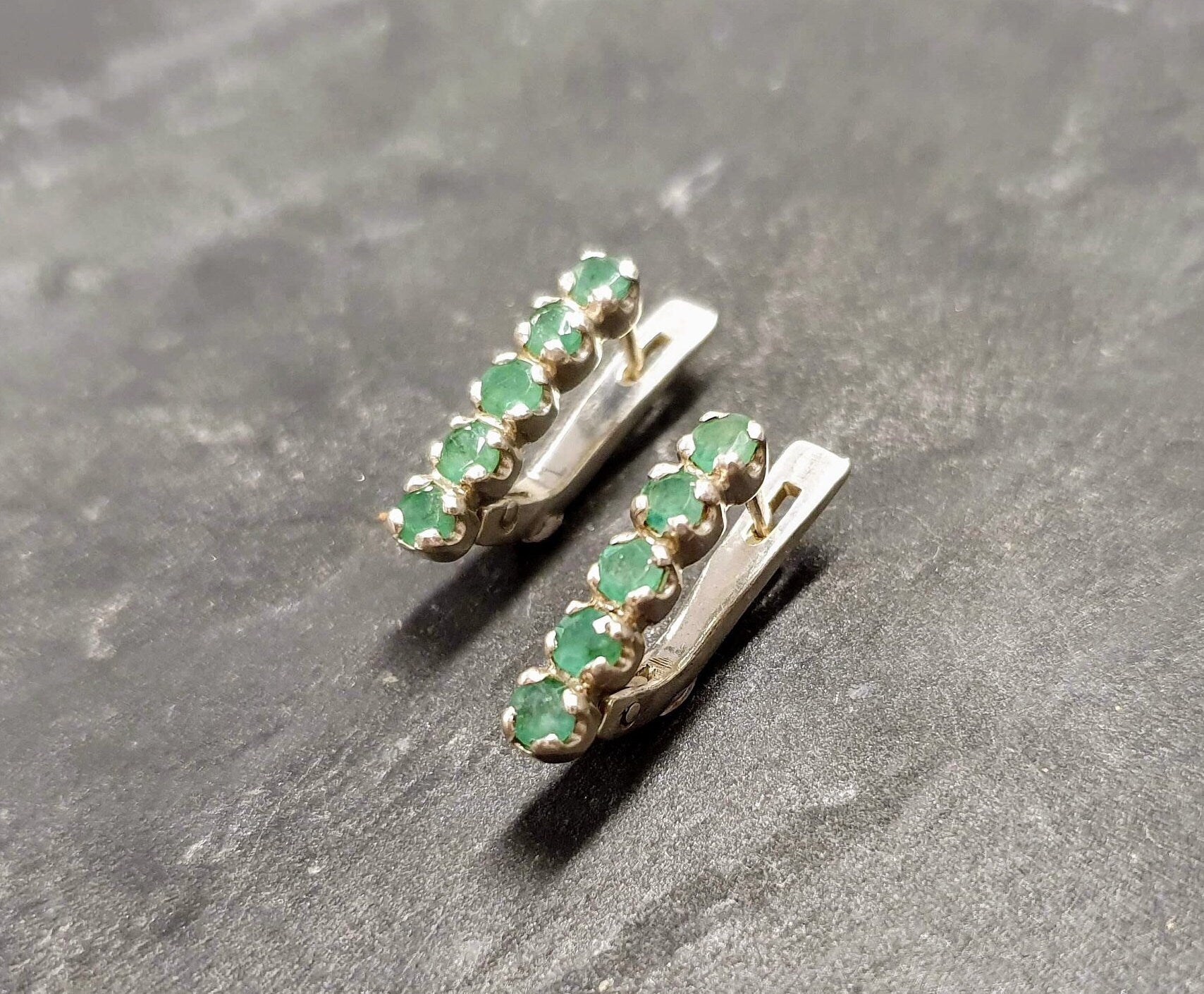 Emerald Earrings, Natural Emerald, Green Vintage Studs, May Birthstone, Vintage Earrings, Dainty Earrings, Line Studs, Solid Silver Earrings