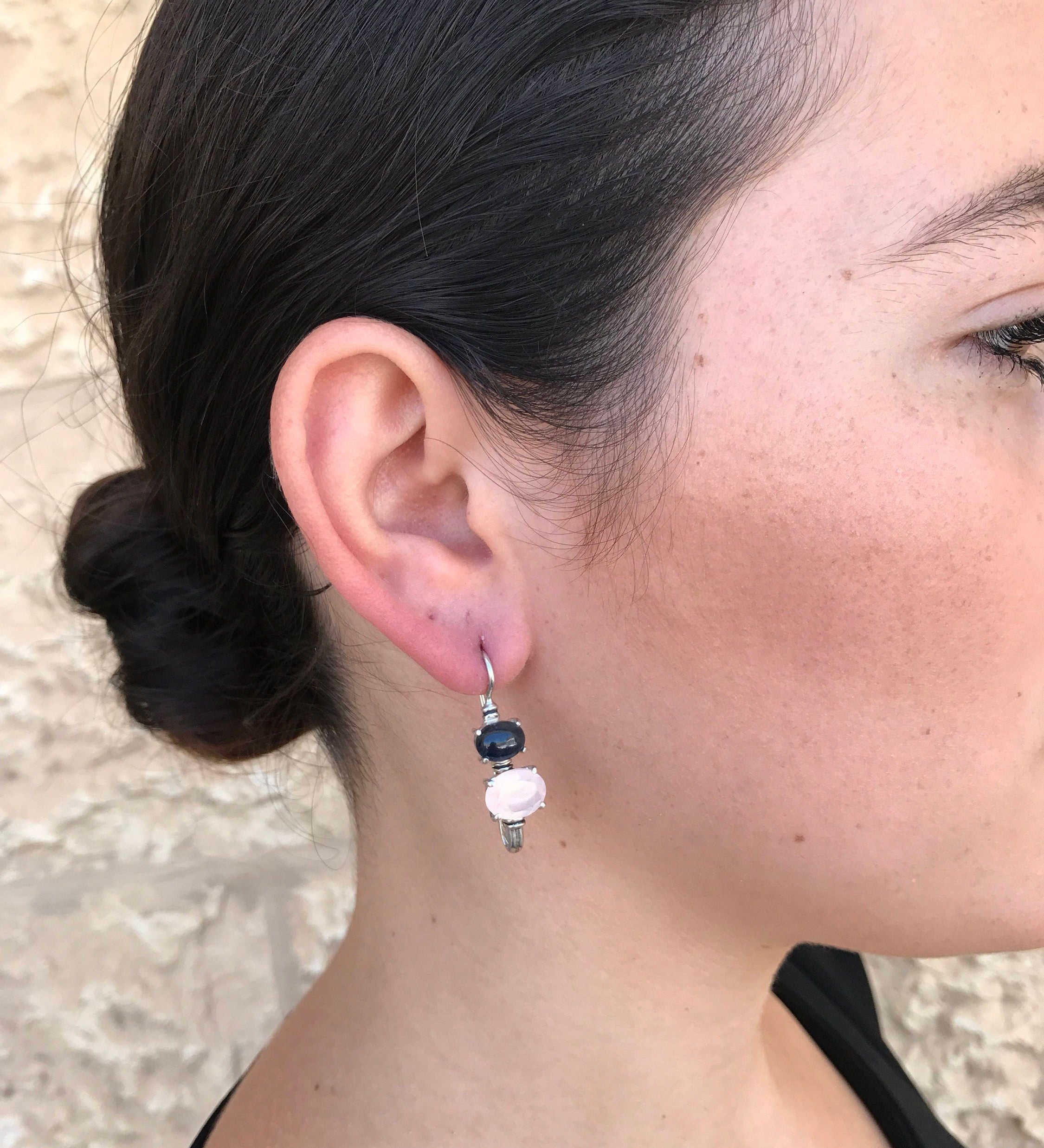 Rose Quartz Earrings, Kyanite Earrings, Natural Rose Quartz, Natural Kyanite, Long Earrings, Solid Silver Earrings, Kyanite, Rose Quartz