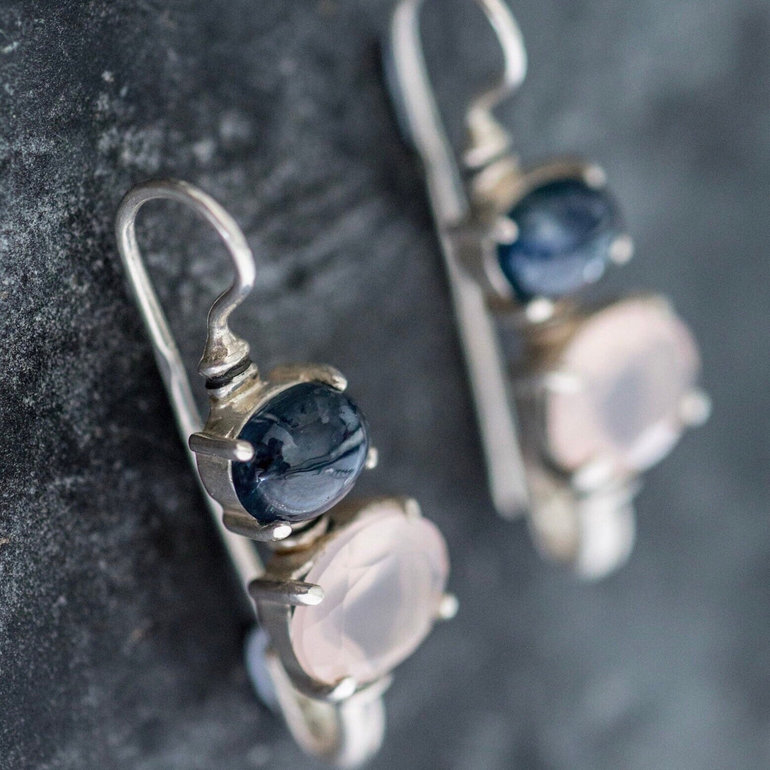 Rose Quartz Earrings, Kyanite Earrings, Natural Rose Quartz, Natural Kyanite, Long Earrings, Solid Silver Earrings, Kyanite, Rose Quartz